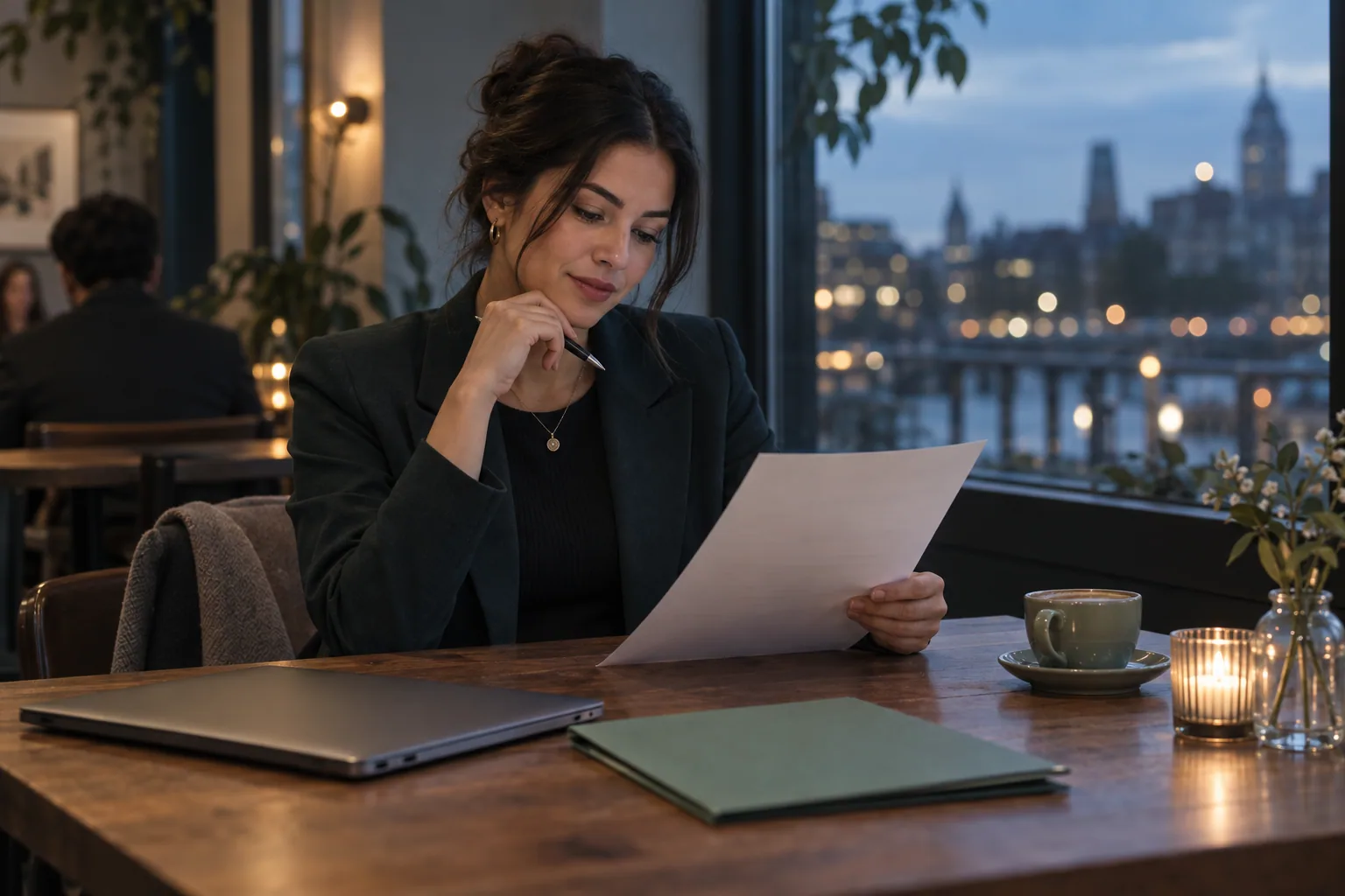 Professional reviewing a printed final resume beside a closed laptop and folder in a quiet cafe