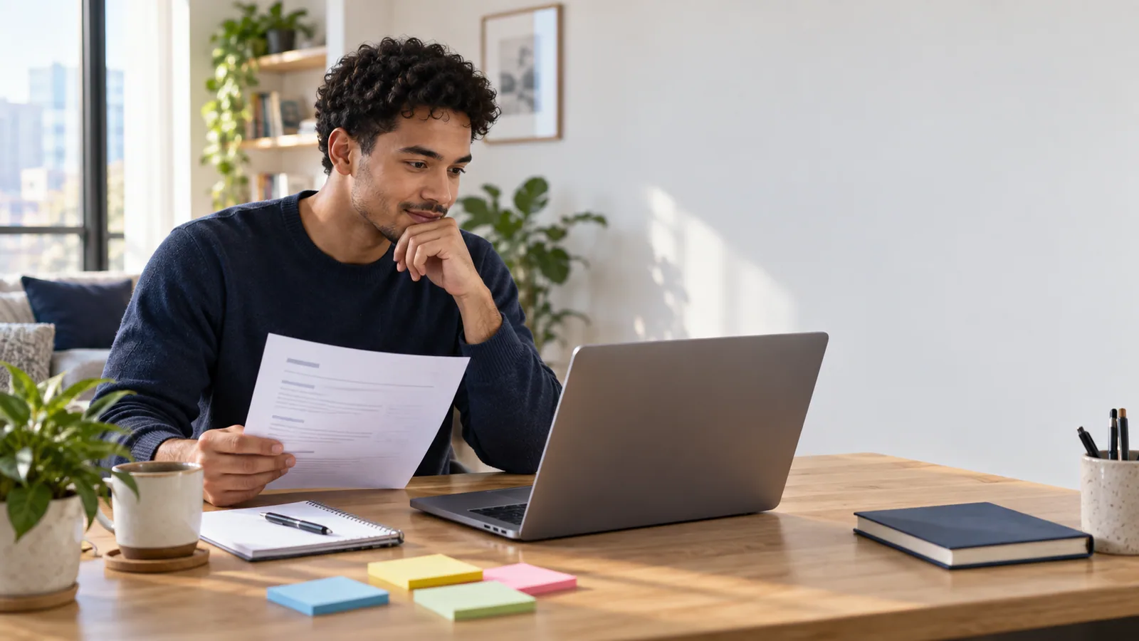 Job seeker comparing a printed resume with a laptop at a bright apartment desk