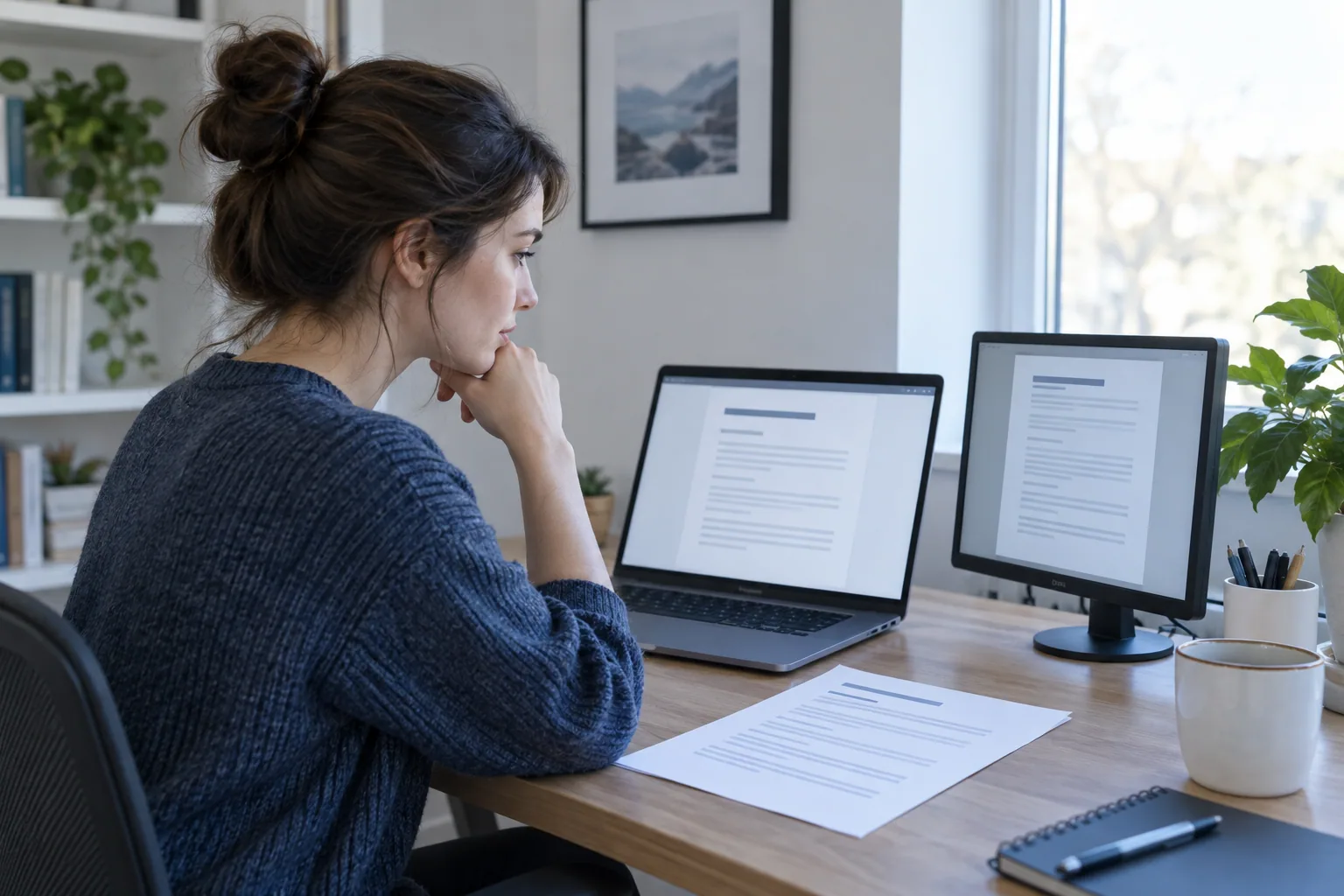 Professional checking document reading order on two screens with a paper copy nearby