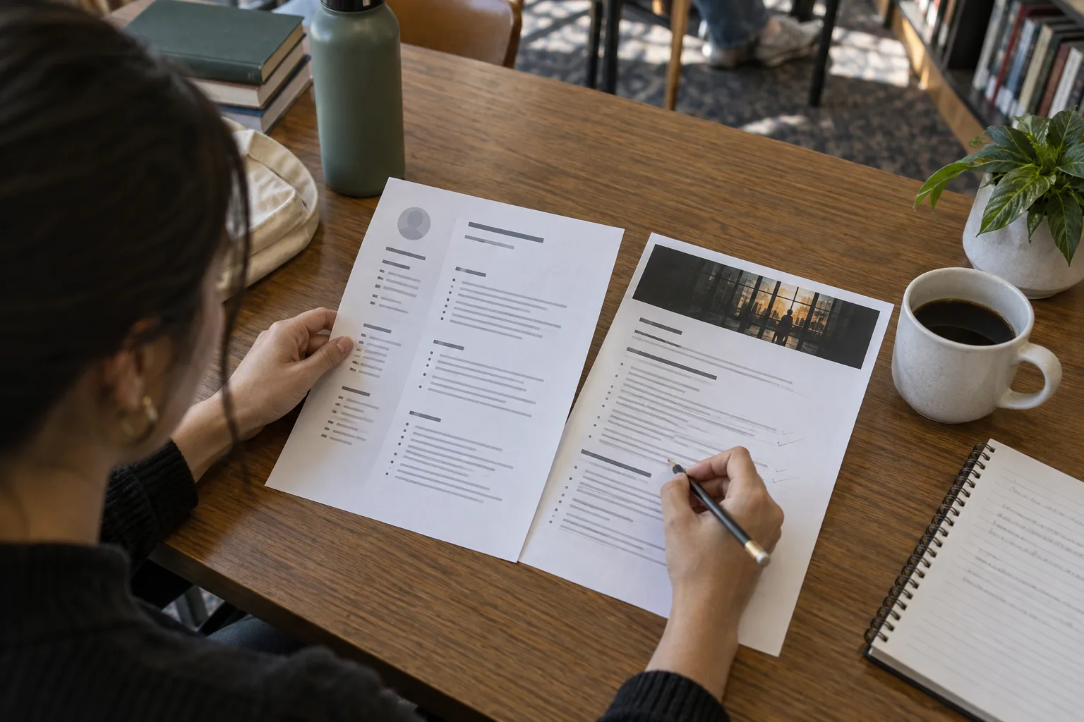 Applicant marking a printed vacancy beside a resume and notebook at a library table