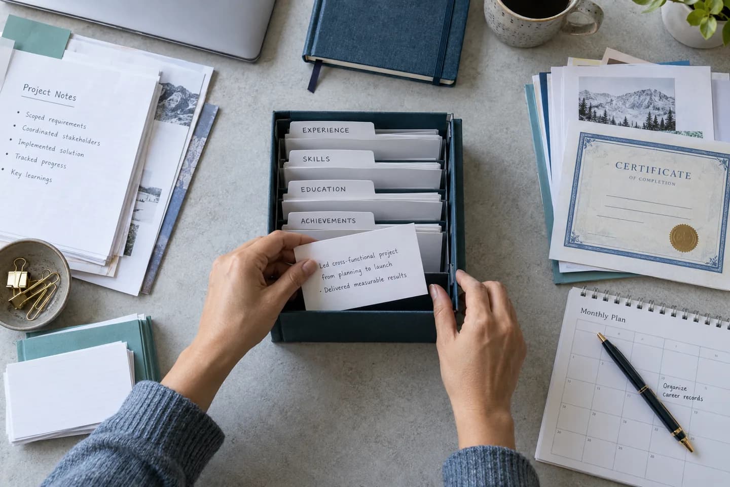 Hands organizing project notes, skills, education, and achievements into a complete career evidence archive