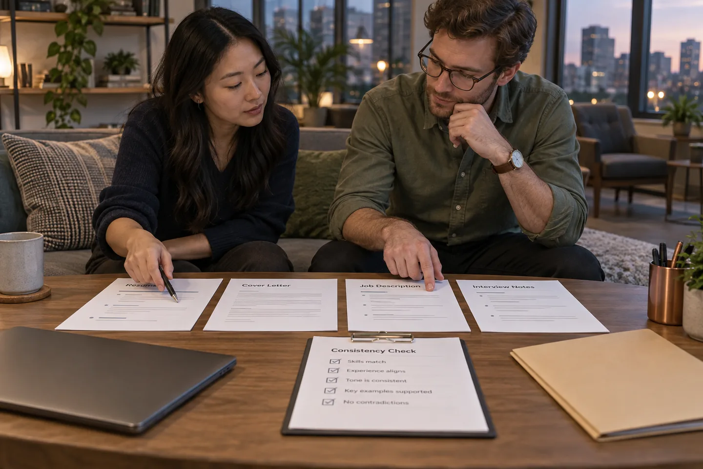 Two professionals checking a resume, cover letter, job description, and interview notes for a consistent career story