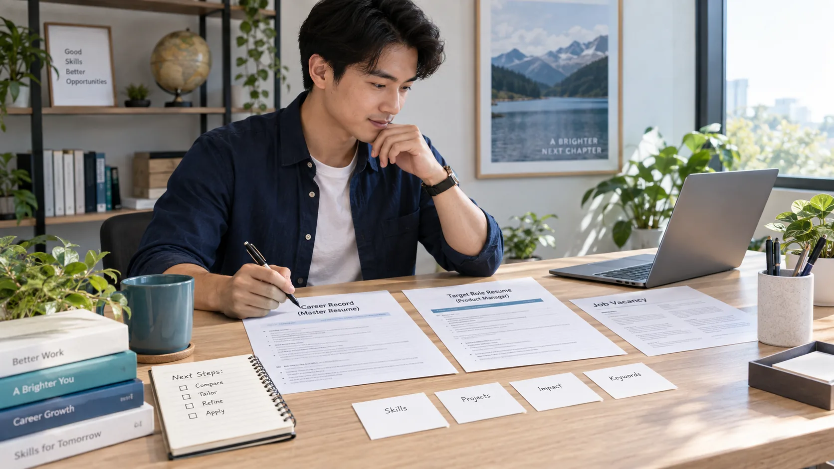 Young professional comparing a complete career record, a targeted resume, and a job vacancy at a home office desk