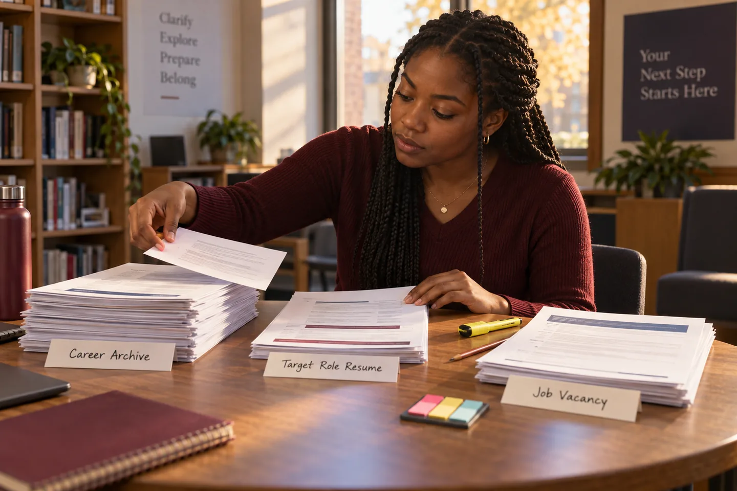 Young professional selecting relevant evidence from a complete career archive for one targeted resume