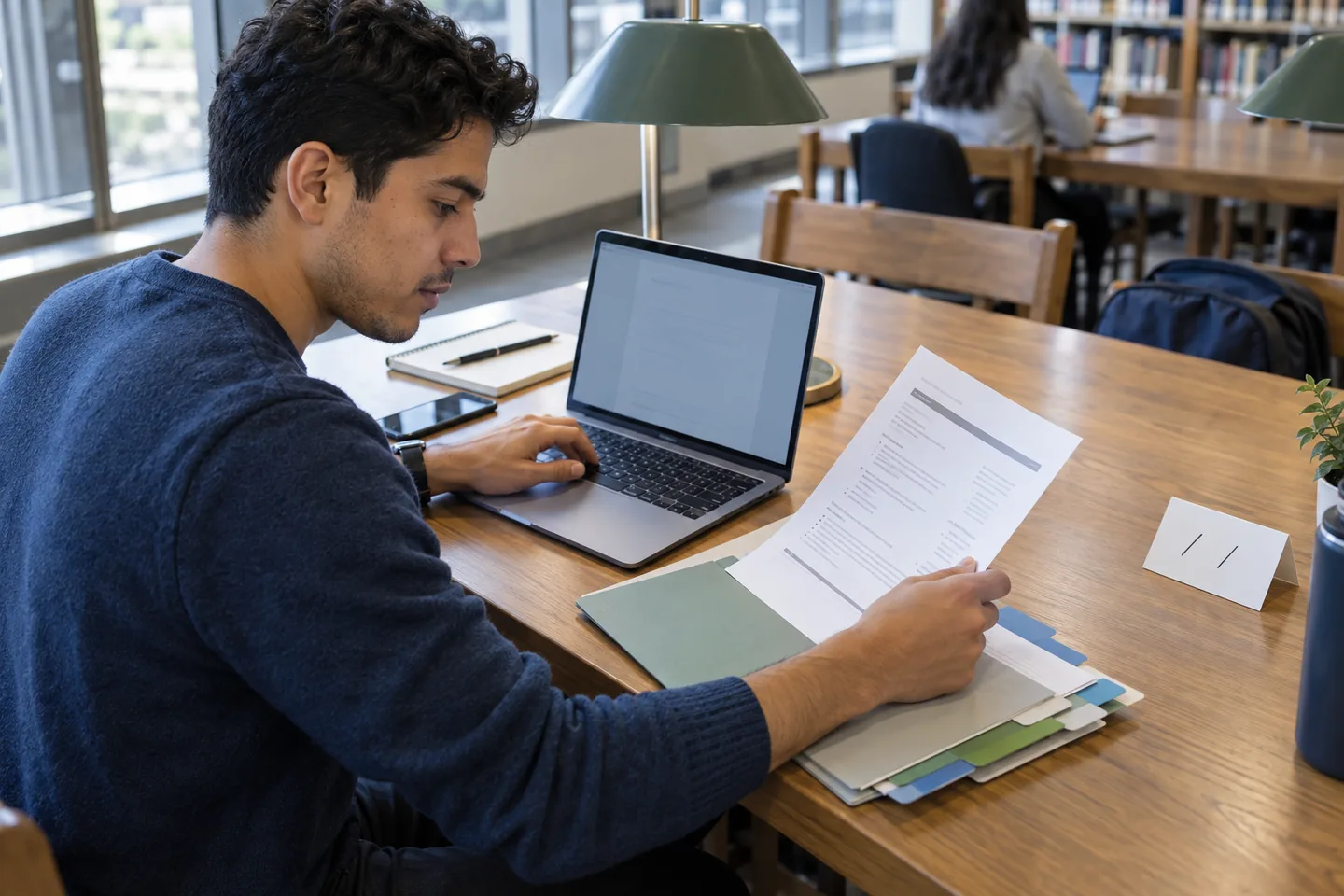 Young professional saving a submitted resume with the matching vacancy and application folder at a library desk