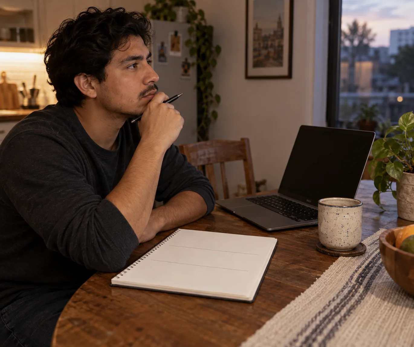 Professional planning three short blank sections in a notebook beside a closed laptop at home