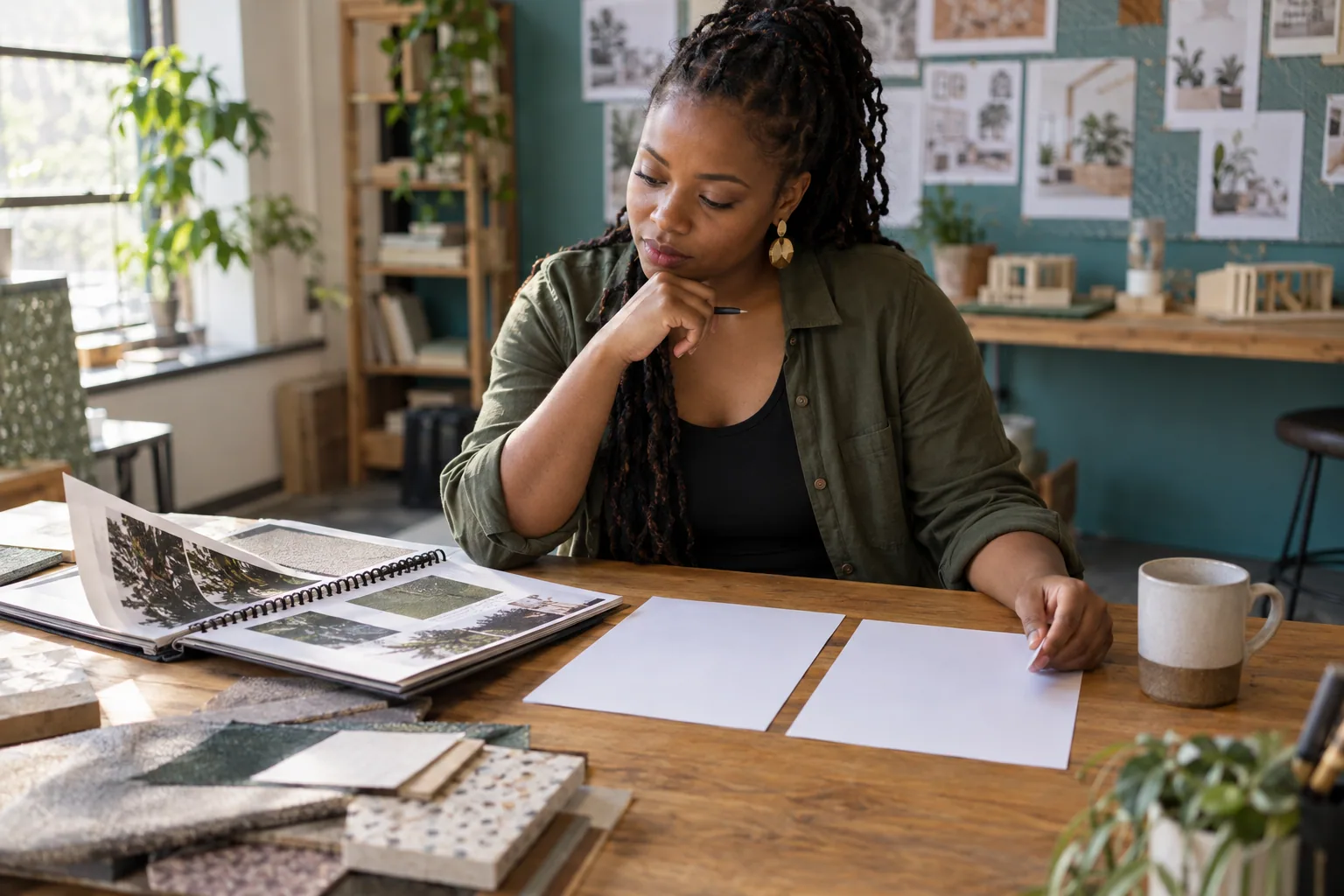 Designer comparing a portfolio sample with two unmarked document pages in a community studio