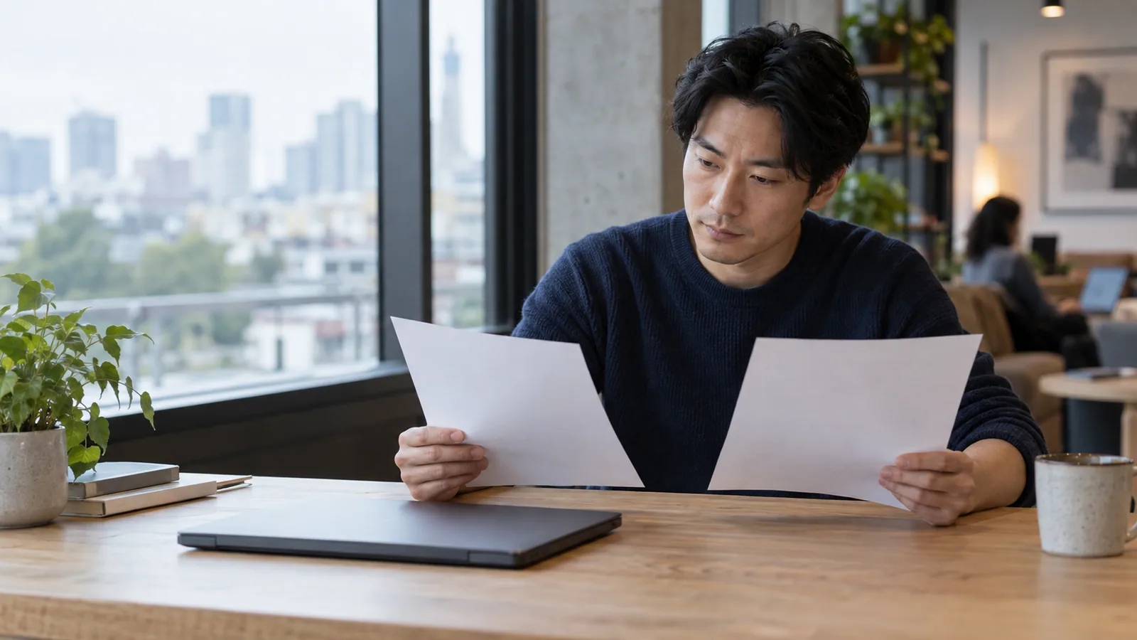 Professional at a coworking table comparing two blank sheets before deciding what to attach to an application