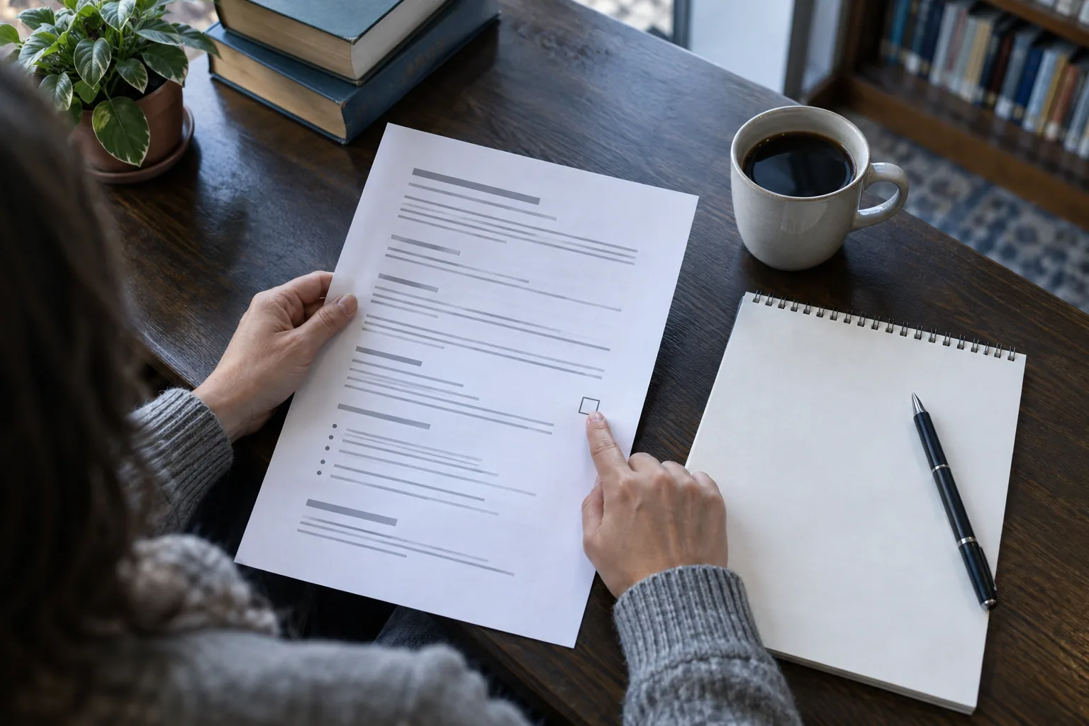 Applicant pointing to an attachment option on a printed job posting beside a blank note page