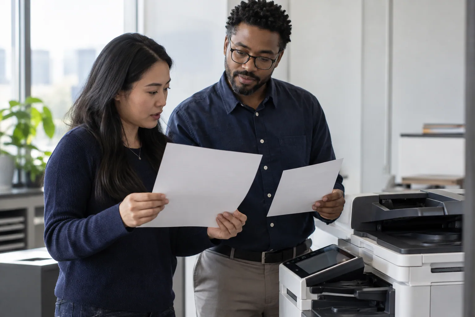 Two professionals checking separate blank resume and letter sheets beside an office printer