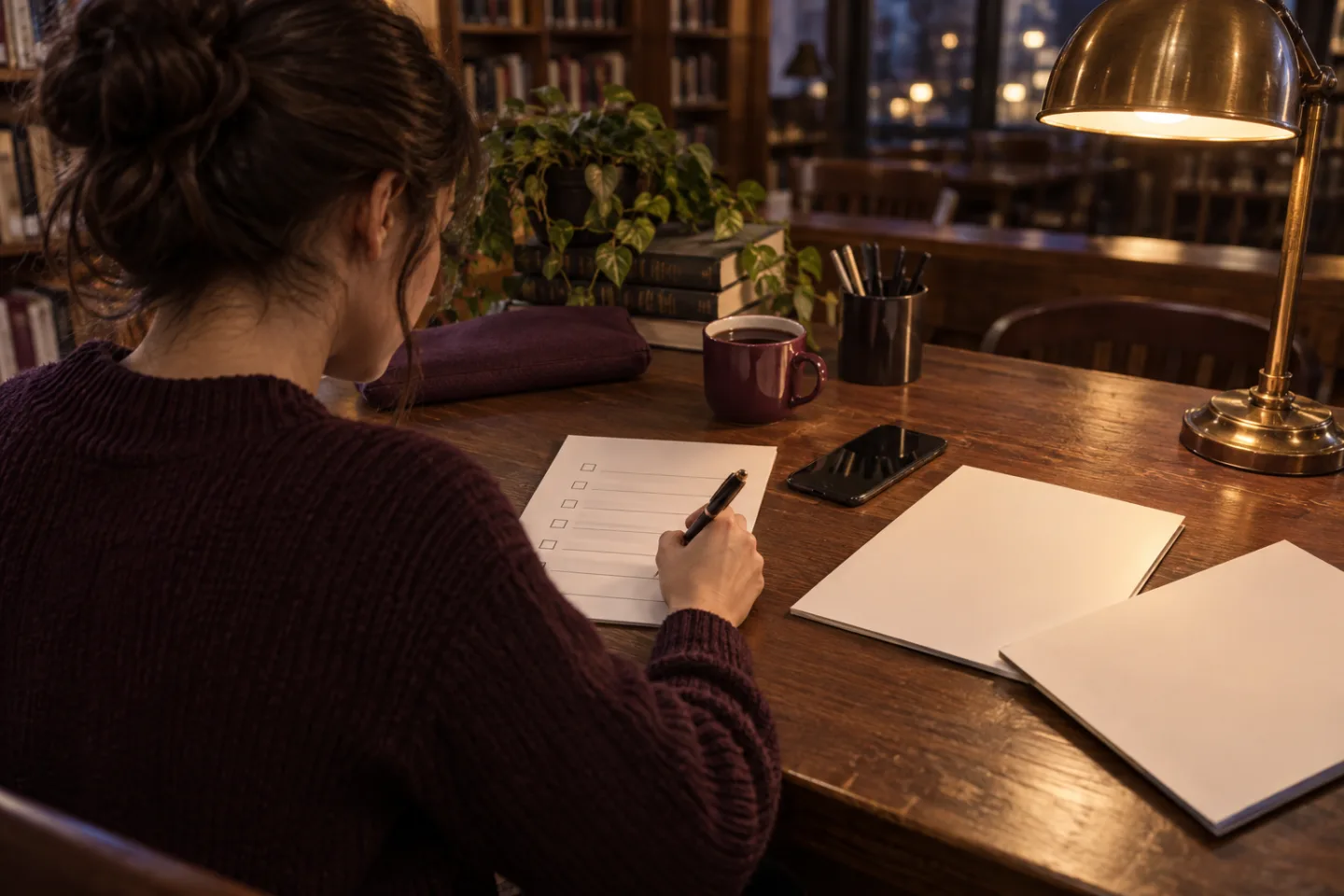 Applicant checking blank documents and a phone at a library desk under warm light