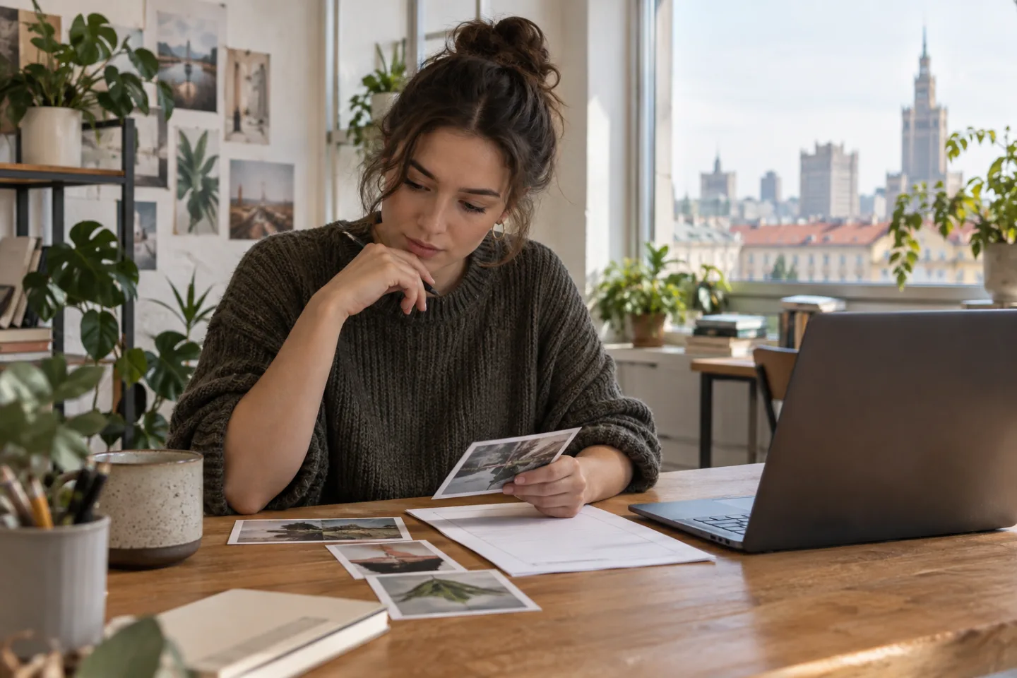 Young adult reviewing project photographs and a blank resume at a sunlit Warsaw desk