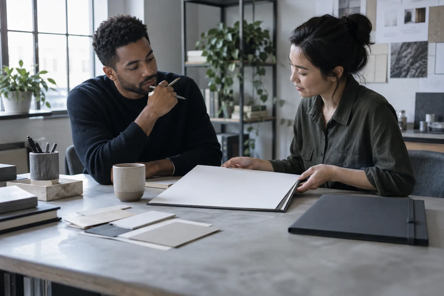 Two professionals discussing a blank project folder without revealing client material