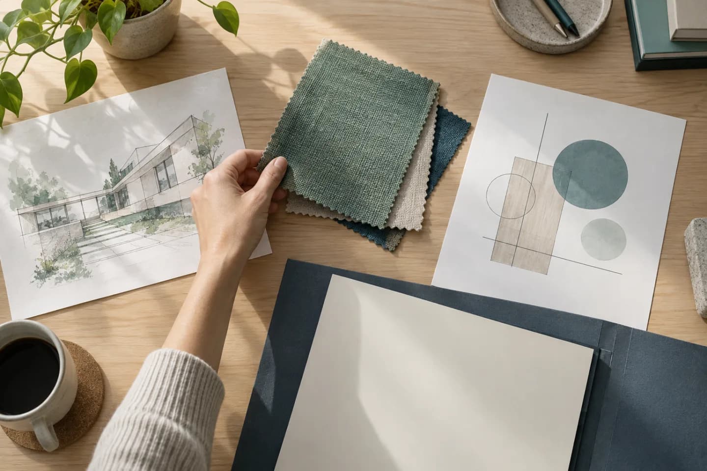 Hand selecting among different project artifacts on a light wooden table