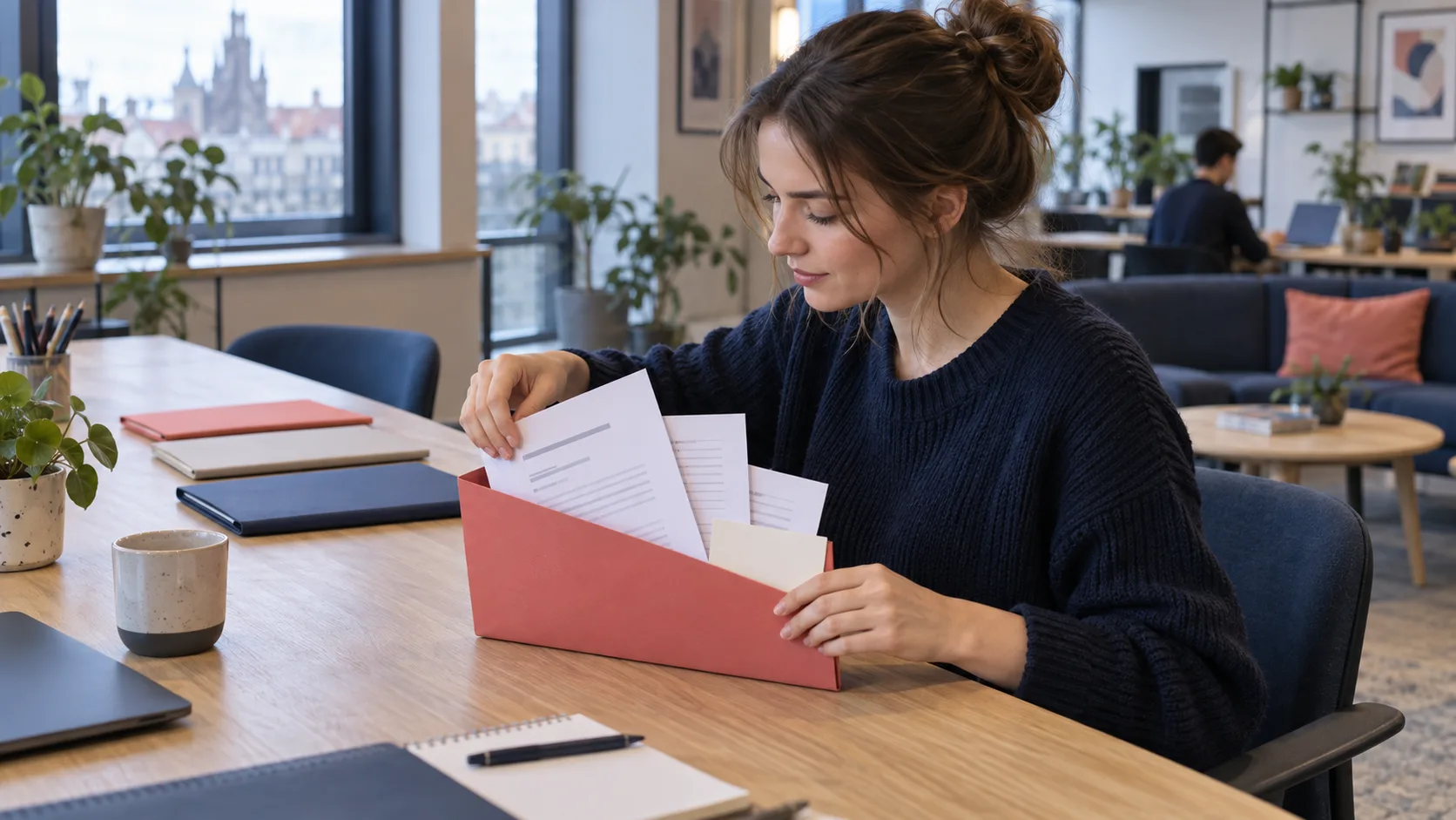 Young professional placing anonymous resume and application papers into a clearly organized folder