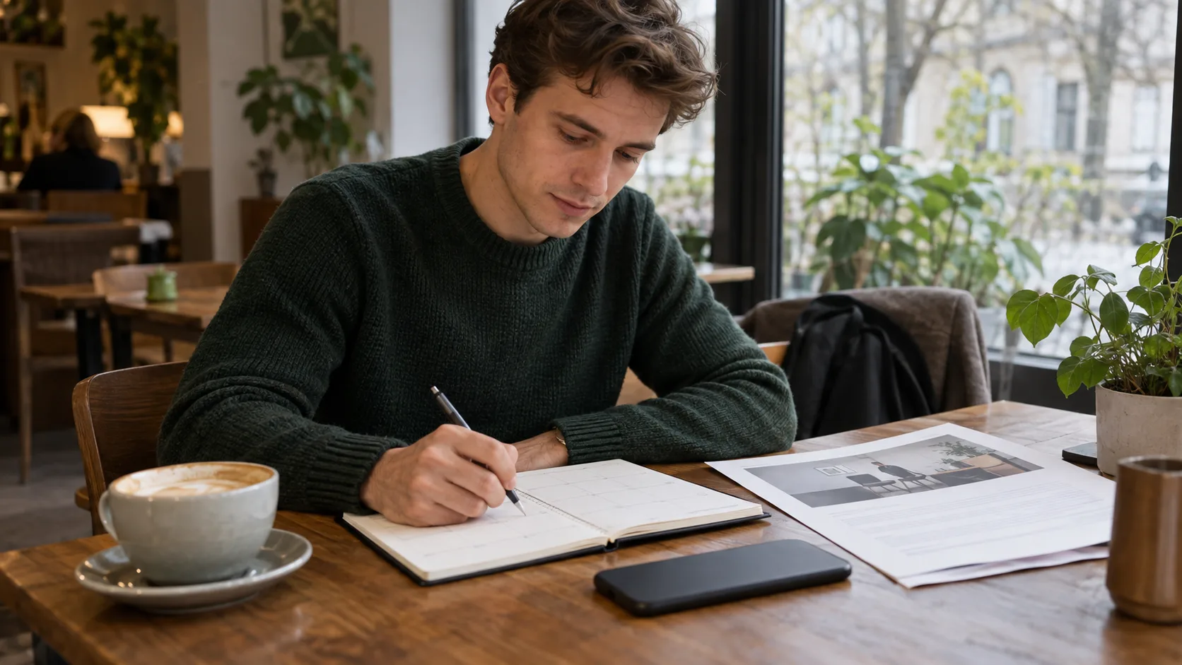 Young professional checking a planner in a cafe while keeping a phone face down