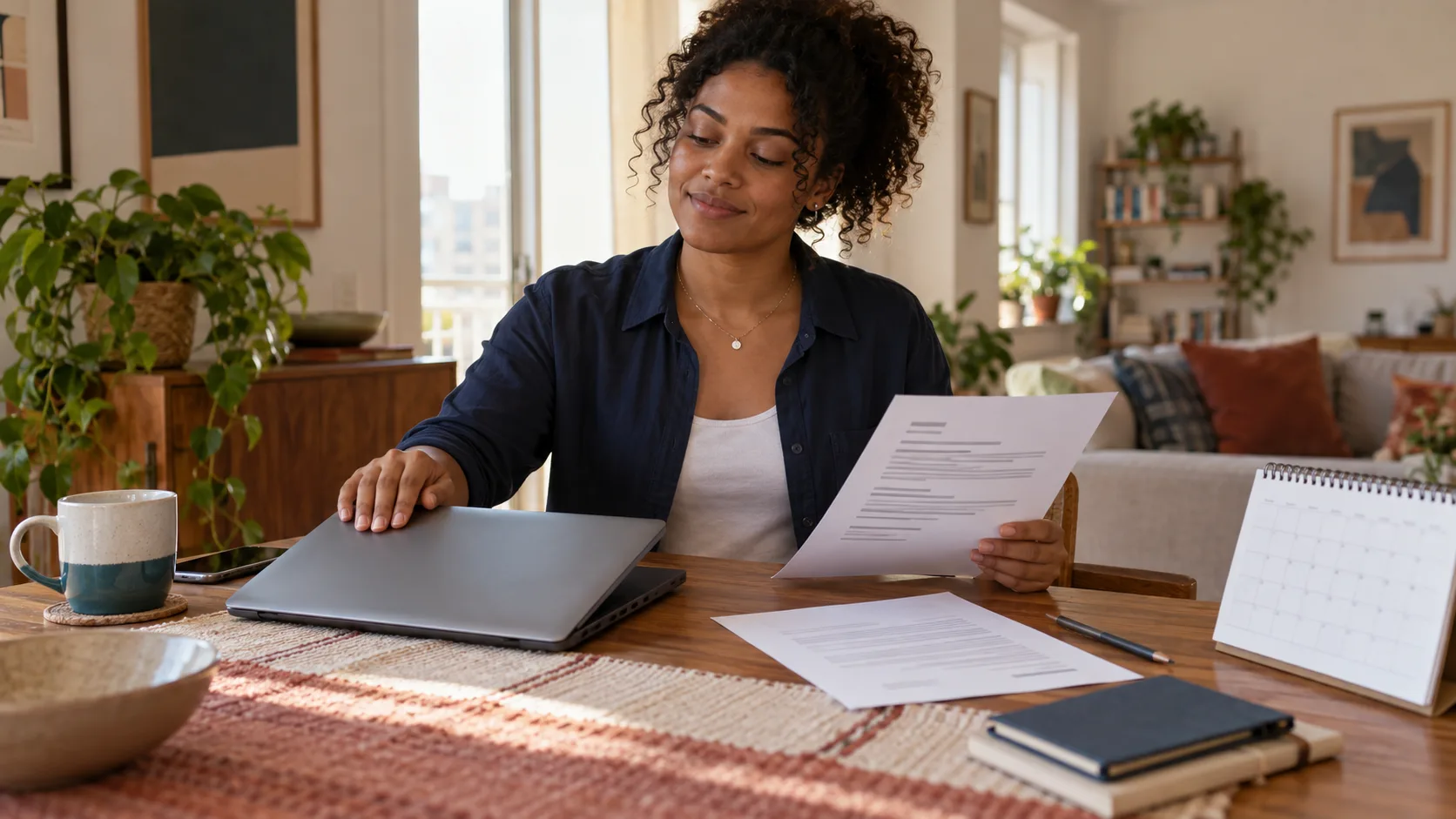 Young professional closing a laptop after submitting a job application and reviewing a simple paper plan