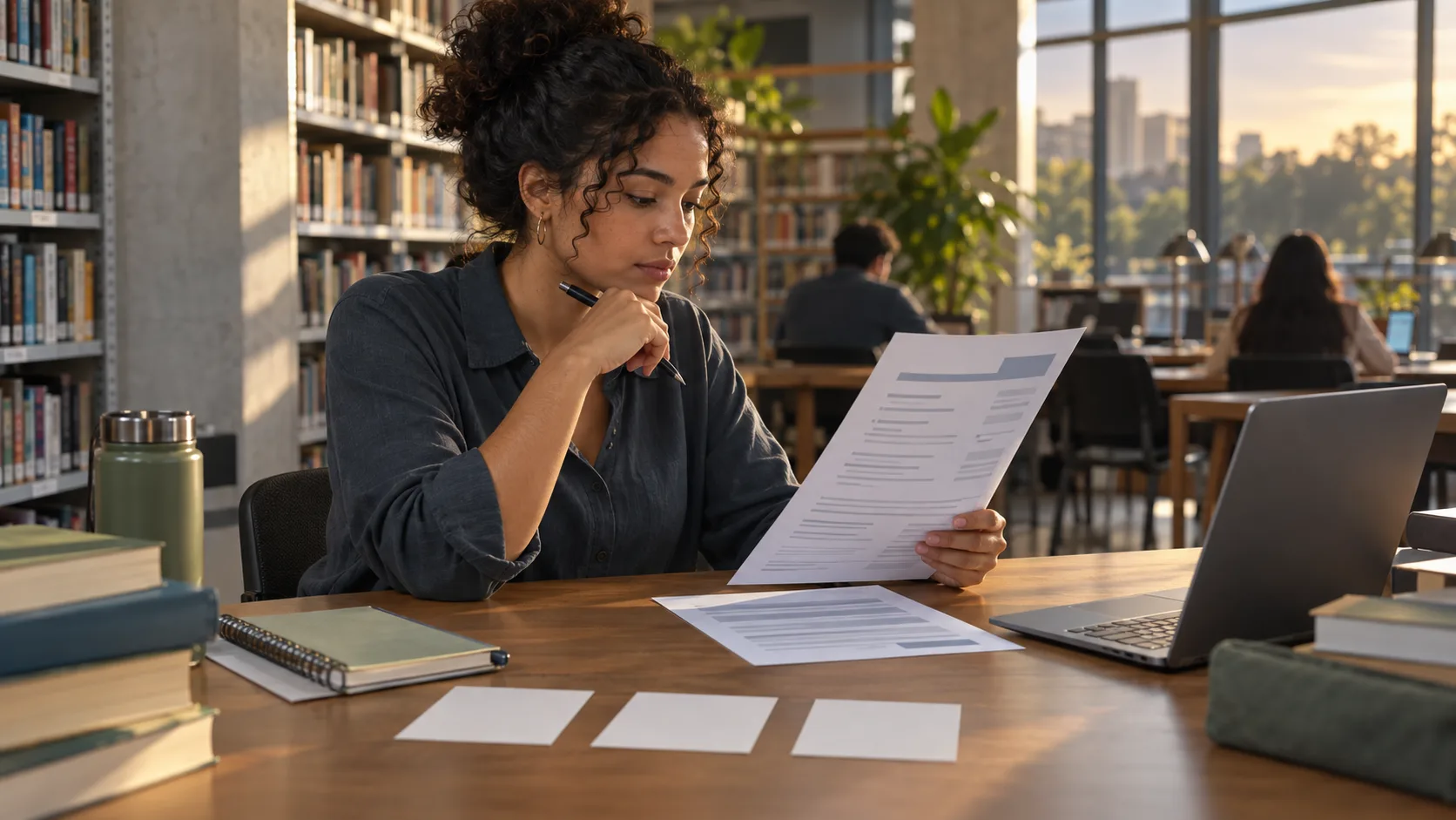 Young professional in a library reviewing an anonymous resume, vacancy notes, and interview example cards
