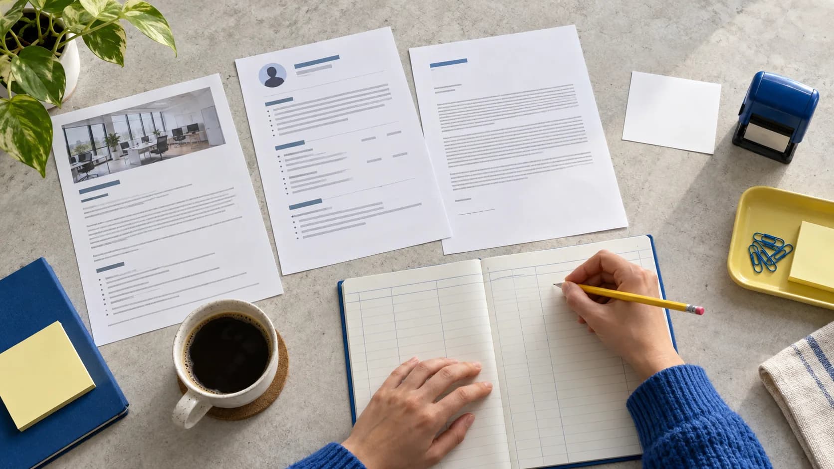 Overhead view of anonymous application documents beside a simple handwritten submission log