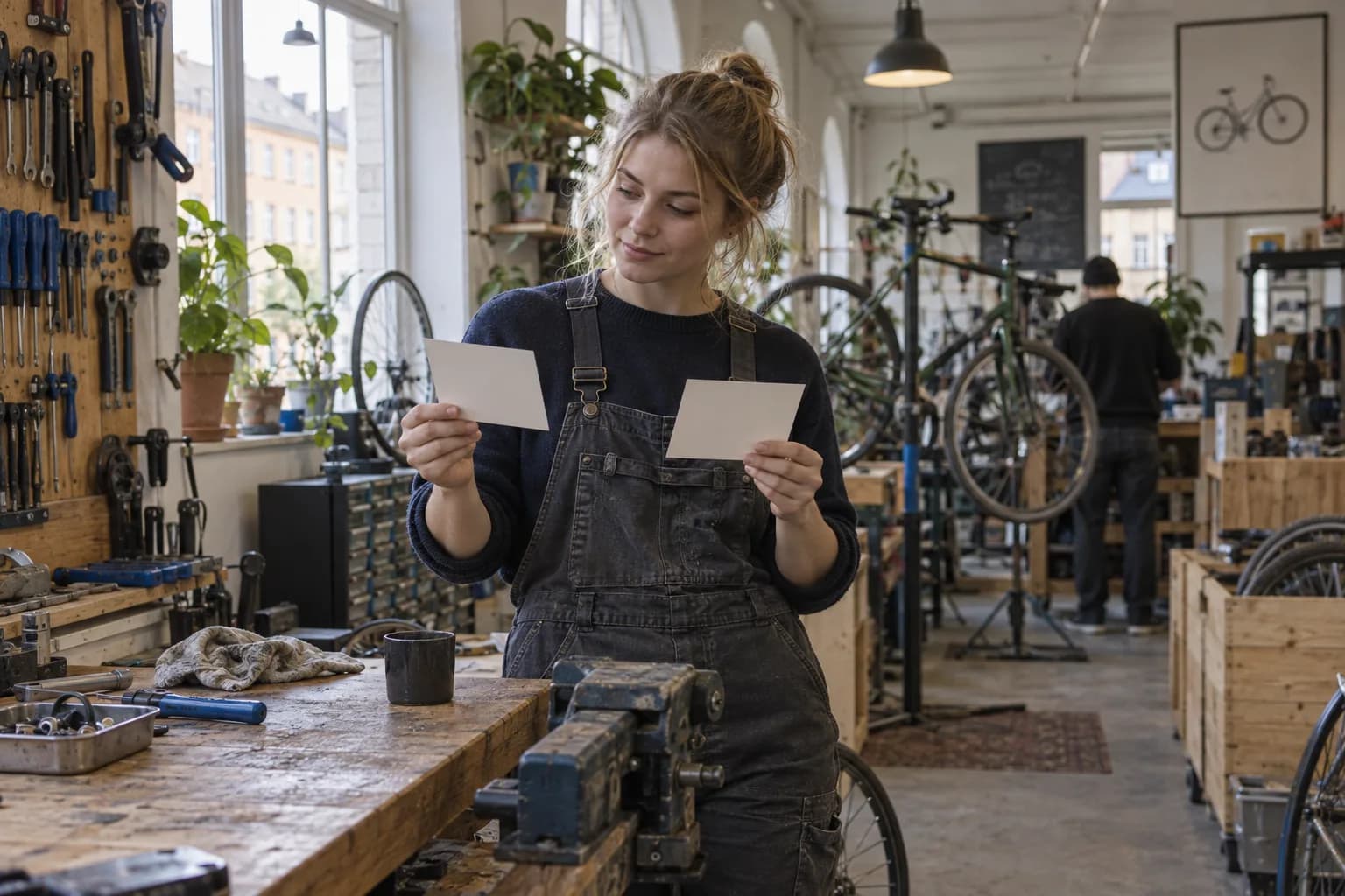 Young bicycle-workshop professional comparing two blank role cards at a workbench