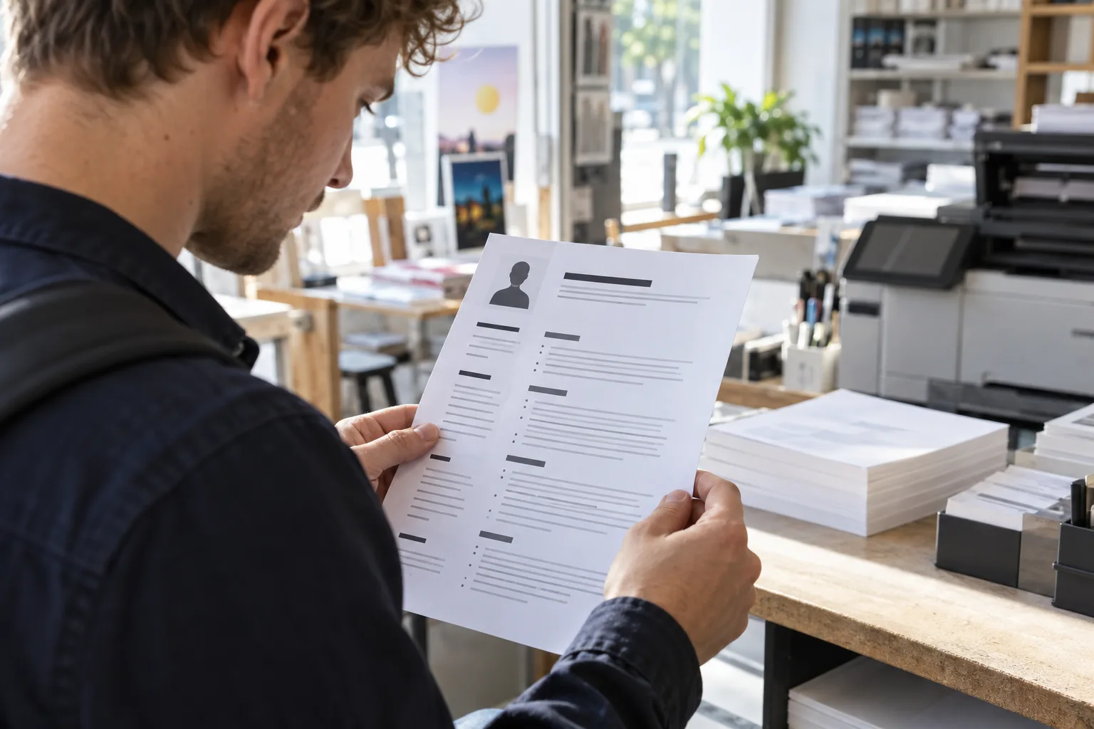 Young professional checking a printed anonymous resume at a bright print-studio counter