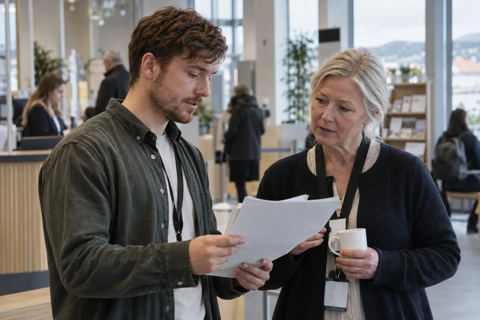 Young employee and experienced colleague reviewing anonymous papers in a public service center