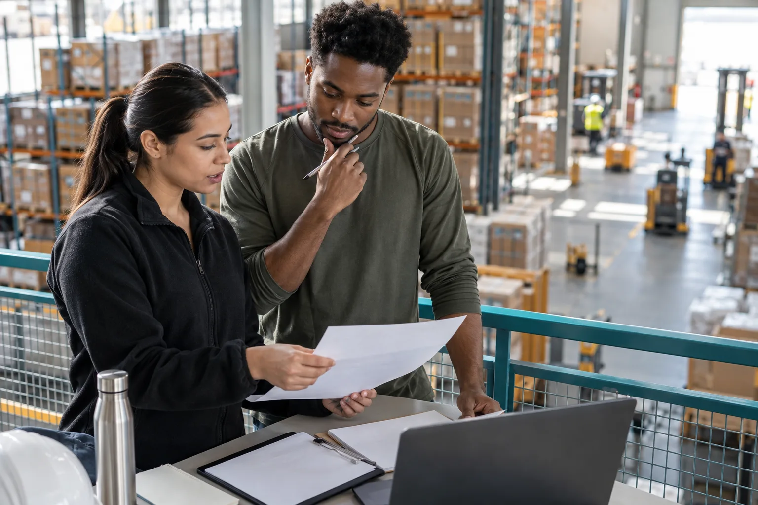 Two colleagues comparing an anonymous job brief with blank evidence notes above a warehouse floor
