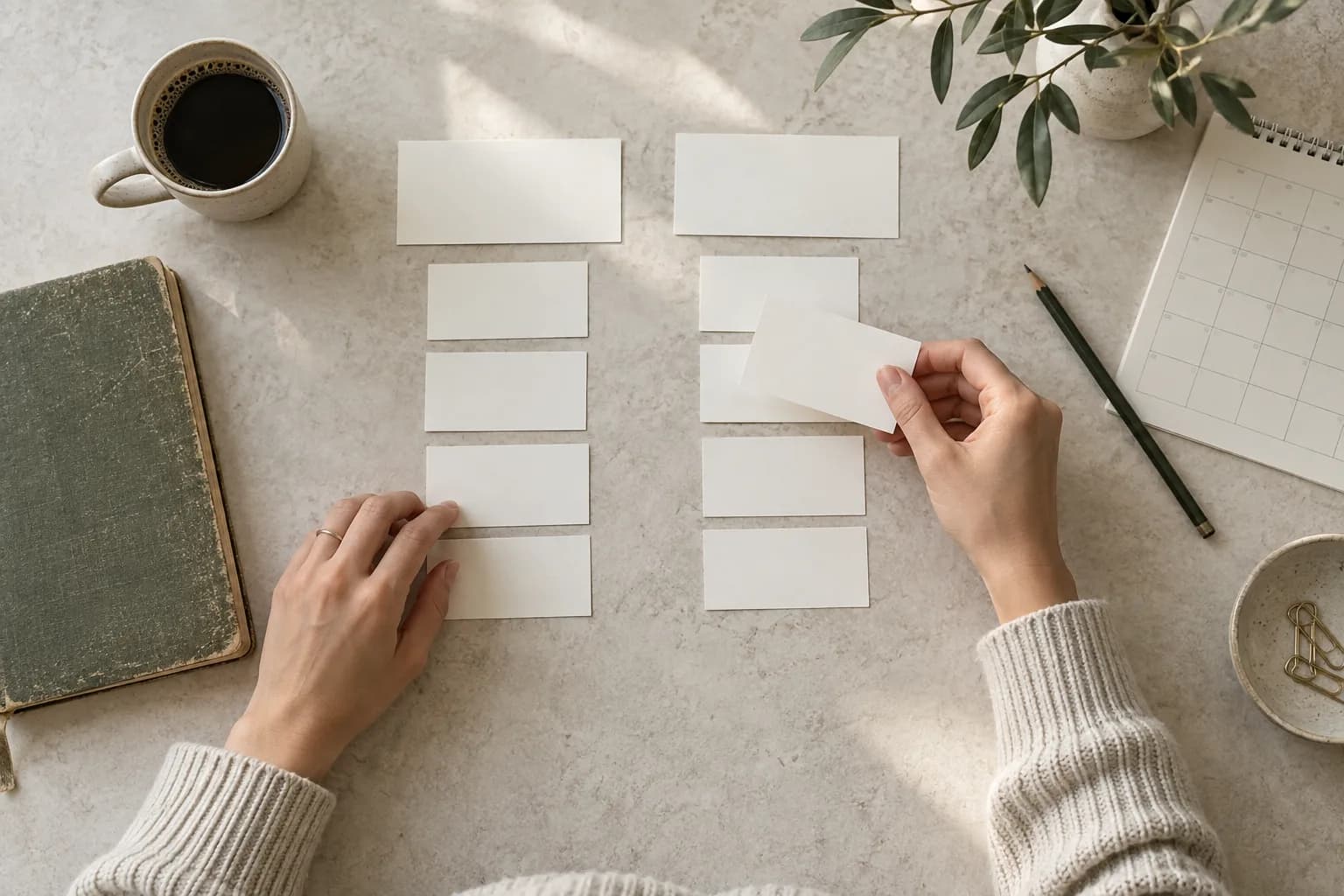 Hands arranging blank role and date cards into two columns beside a calendar