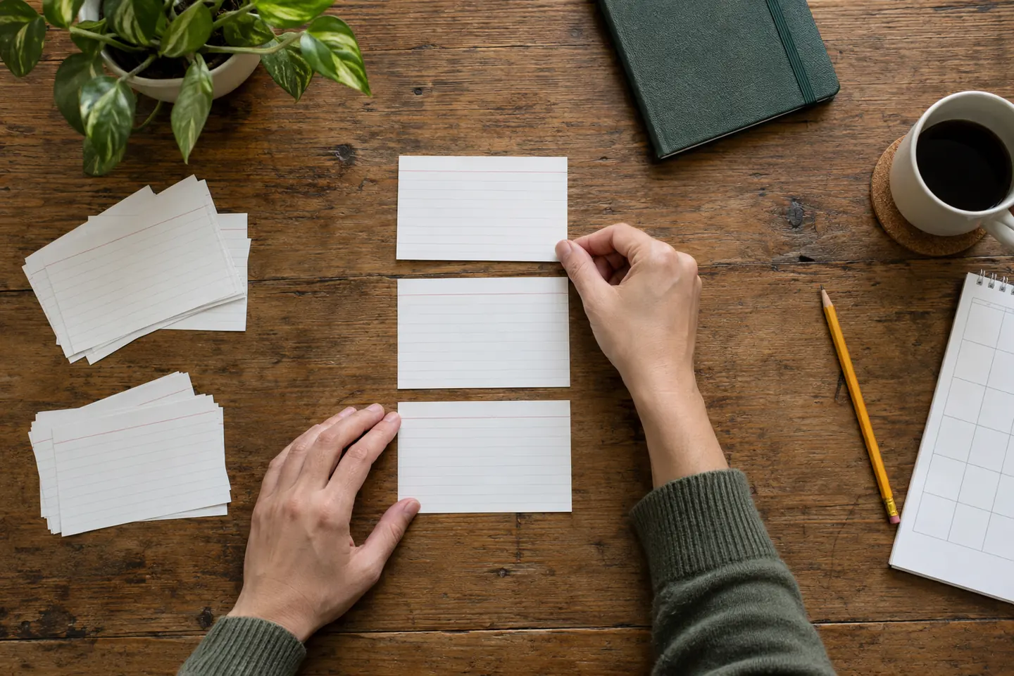 Adult hands sorting blank evidence cards into a short sequence on a wooden desk