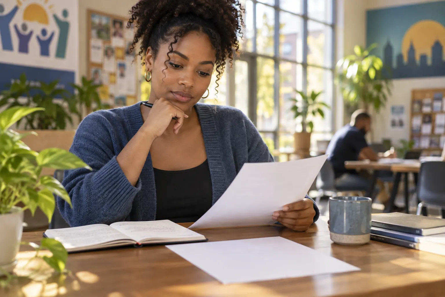 Young community program coordinator reviewing blank work notes and an unmarked resume page at a sunny civic center table