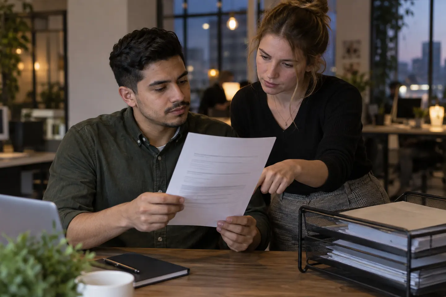 Two young colleagues checking a plain printed resume page in a shared office at dusk