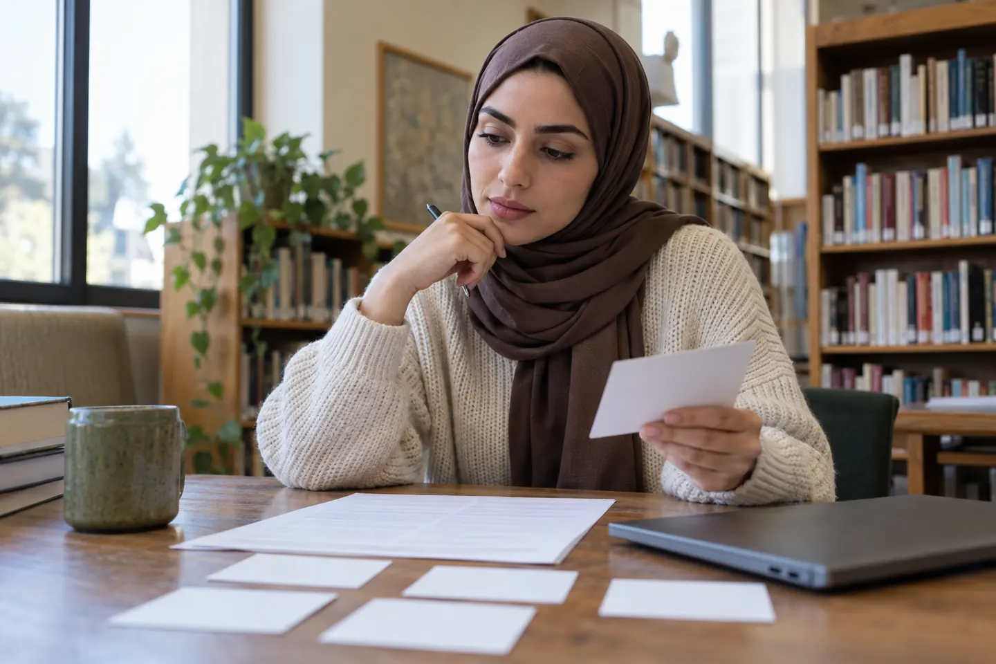 Young professional comparing a plain job brief with blank evidence cards at a library desk