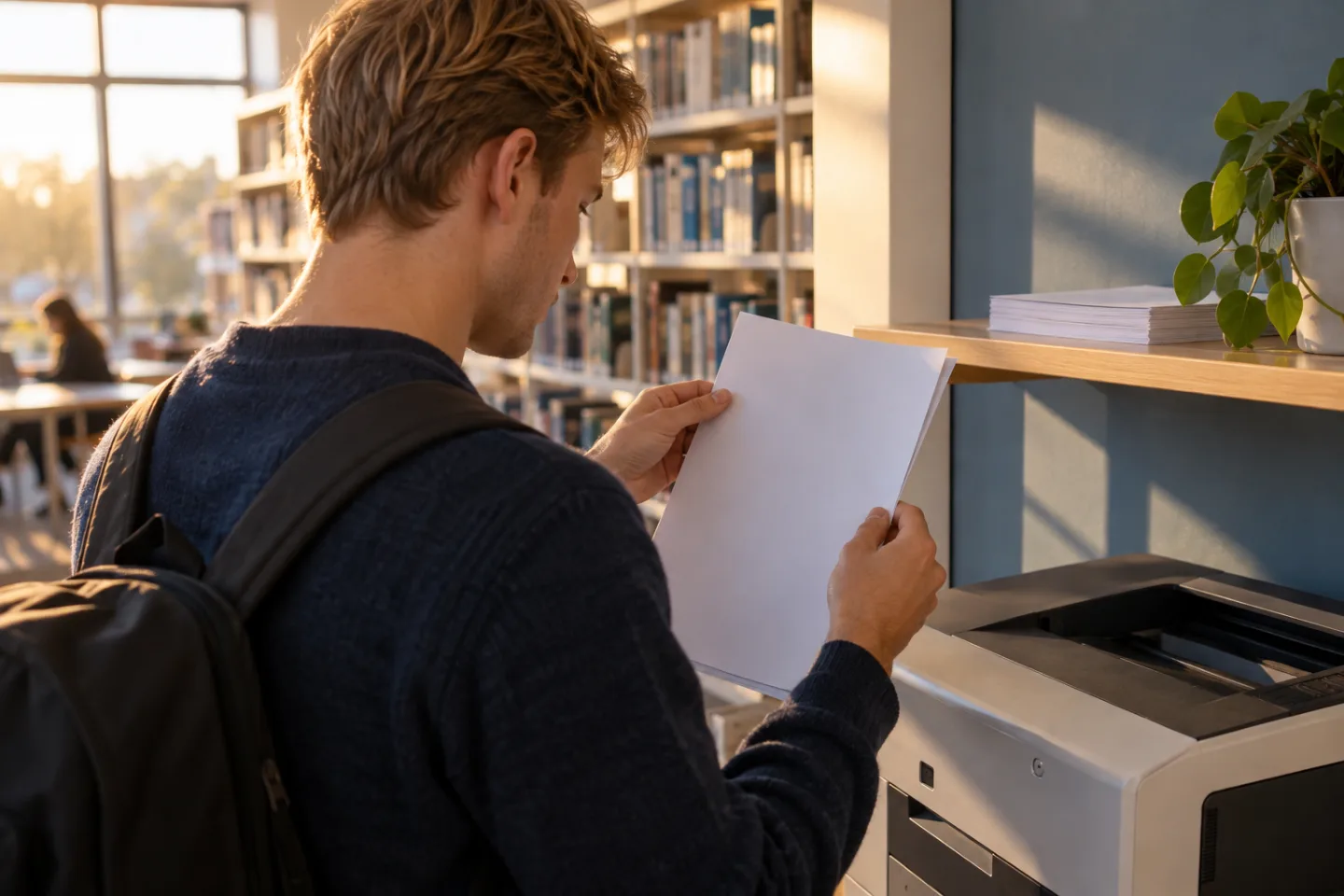 Young applicant inspecting the blank contact header of a freshly printed resume