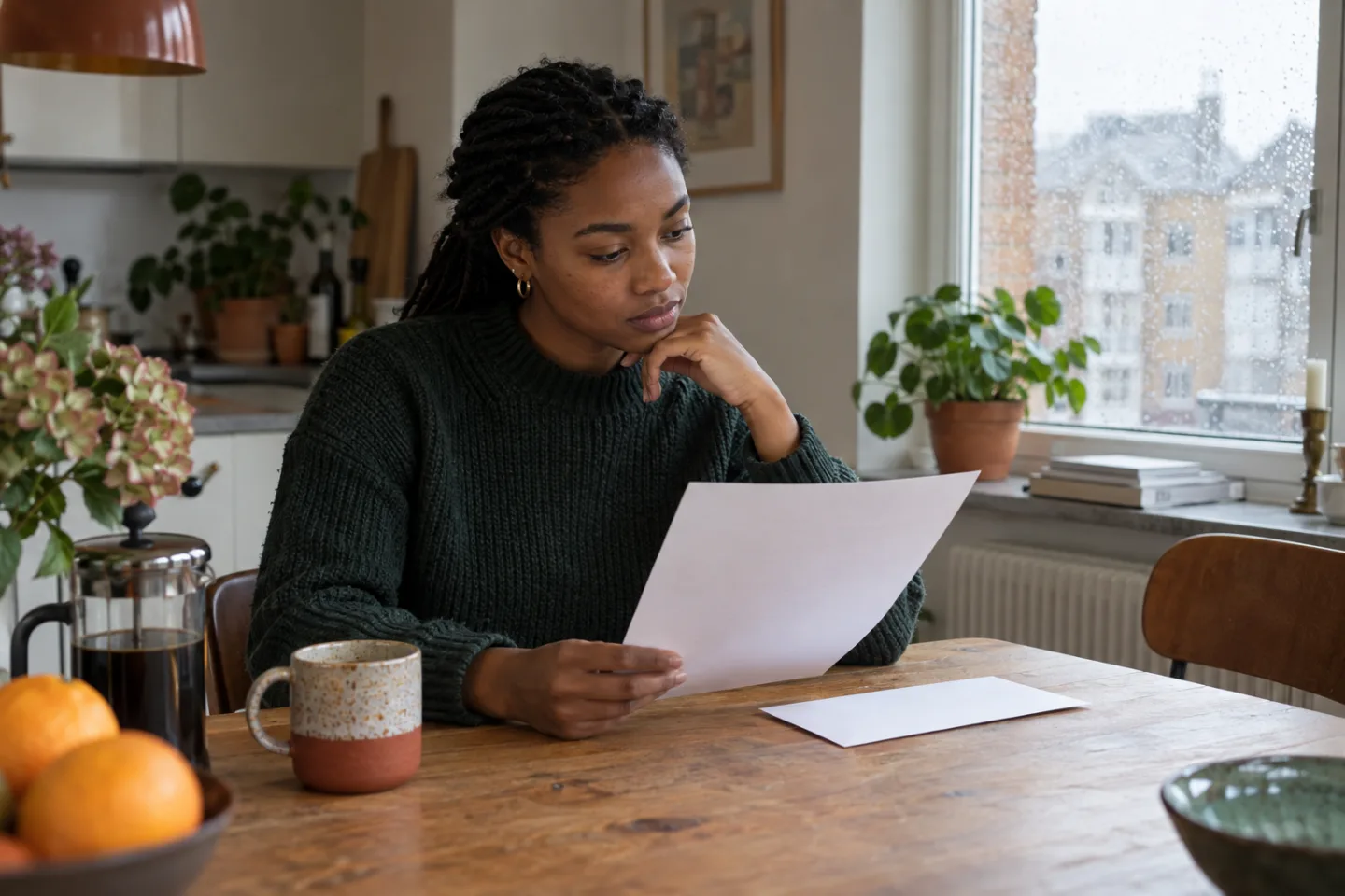 Young professional at a kitchen table considering an anonymous resume and plain envelope