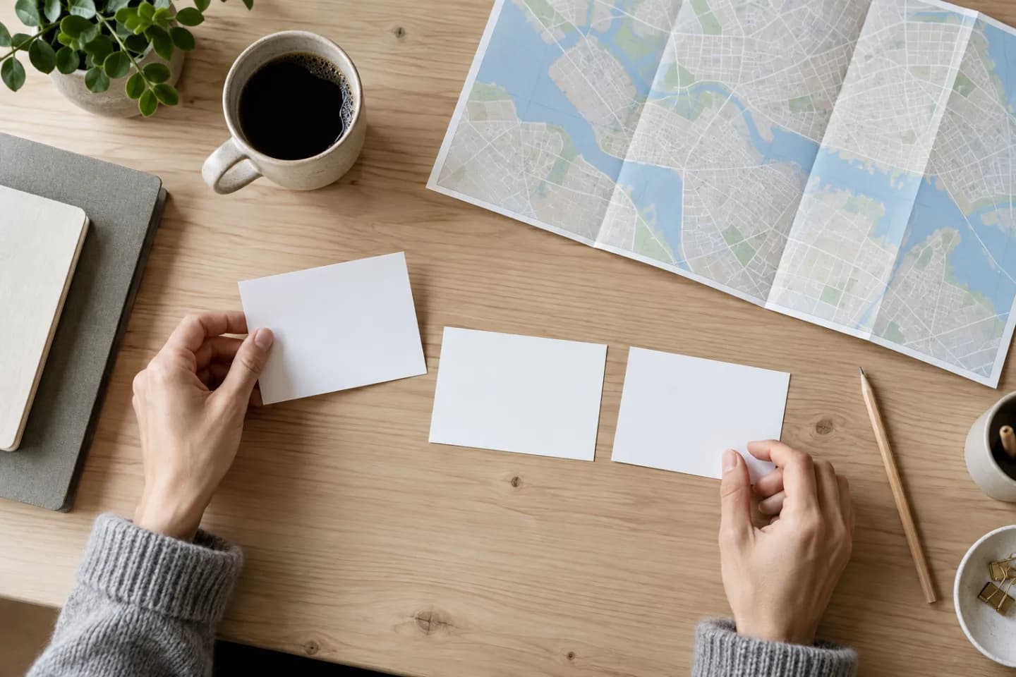 Hands sorting blank contact-detail cards beside an unlabeled paper map
