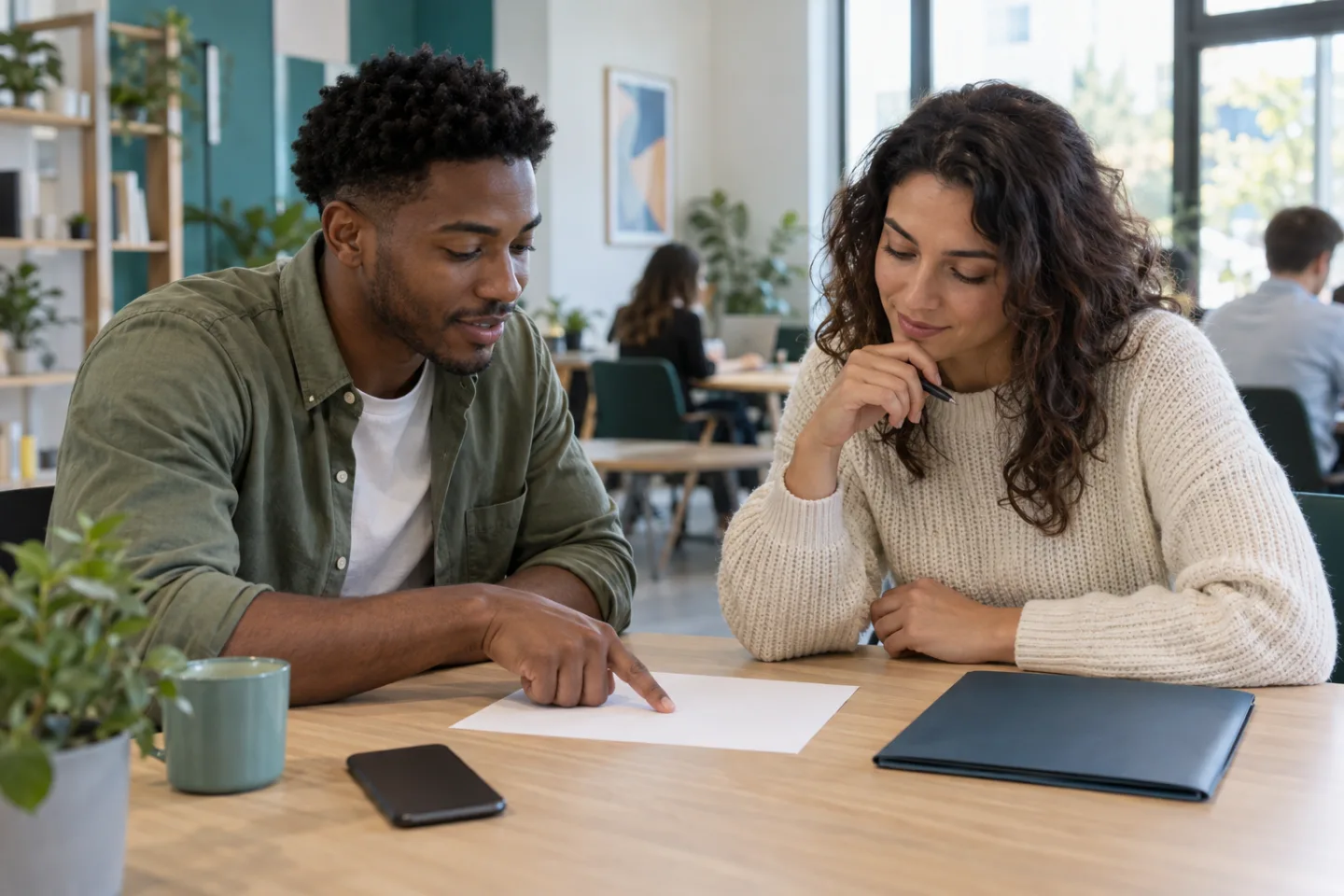 Two young adults discussing an anonymous printed resume beside a closed folder