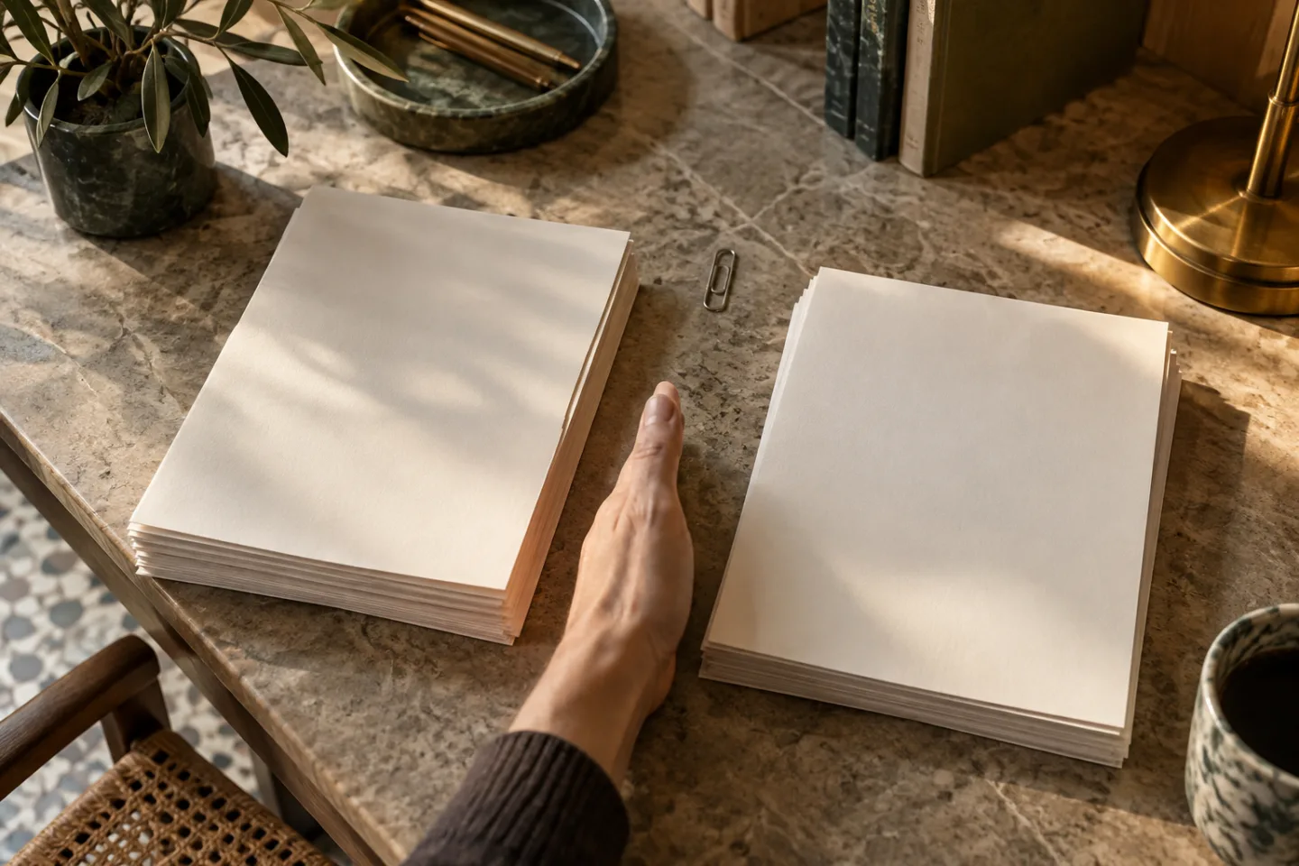 A hand separates two stacks of blank papers on a stone table