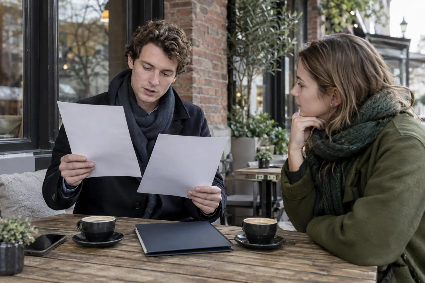 Two young adults checking blank application pages at an outdoor cafe