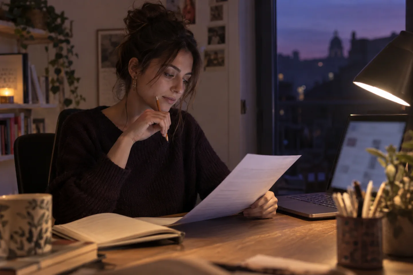 Young adult reviewing an anonymous printout beside a blurred laptop at dusk