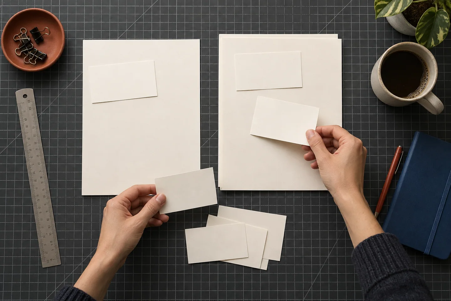 Hands sorting blank evidence cards between a single-page stack and a two-page stack on a cutting mat