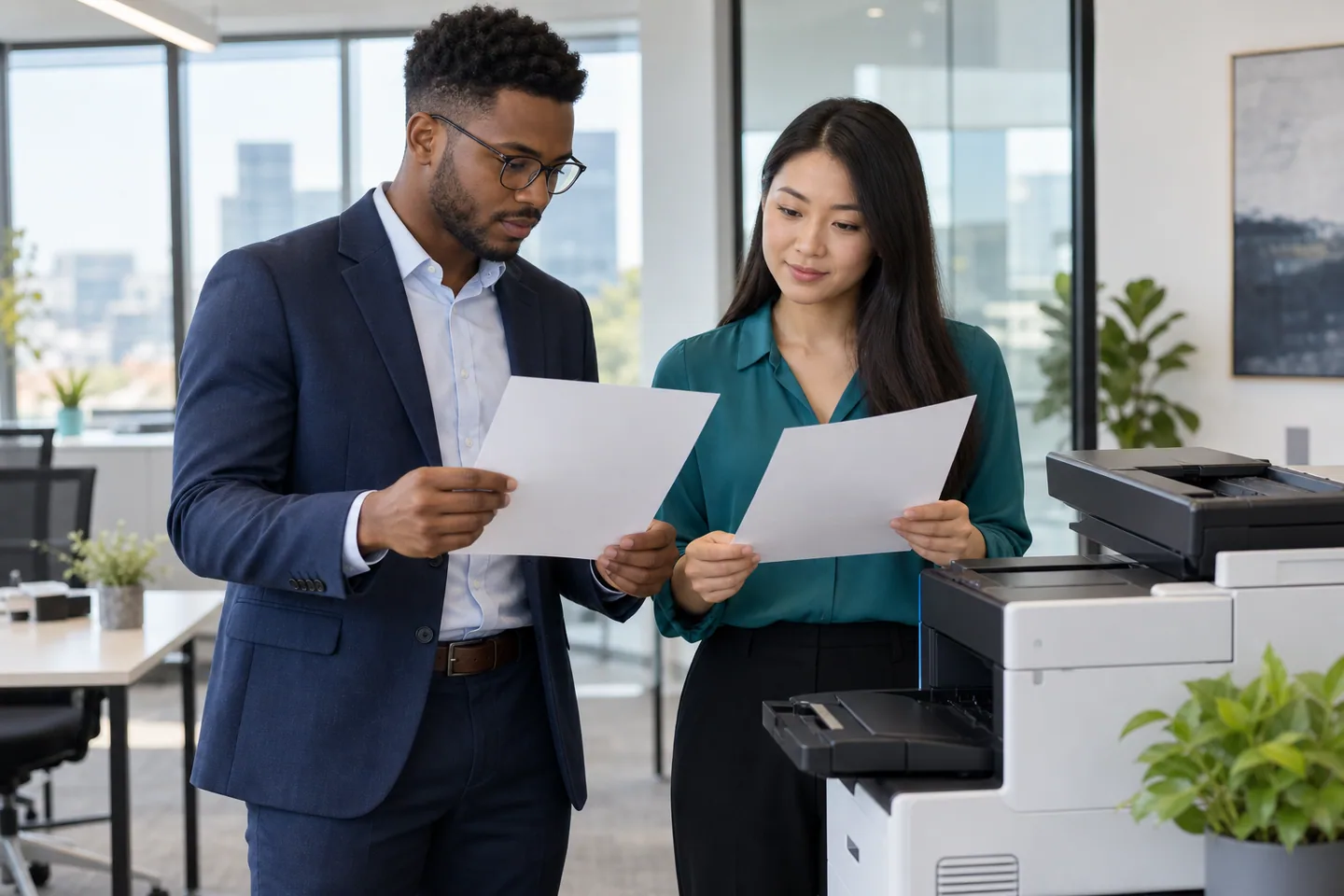 Two young professionals checking two blank printed resume pages beside an office printer