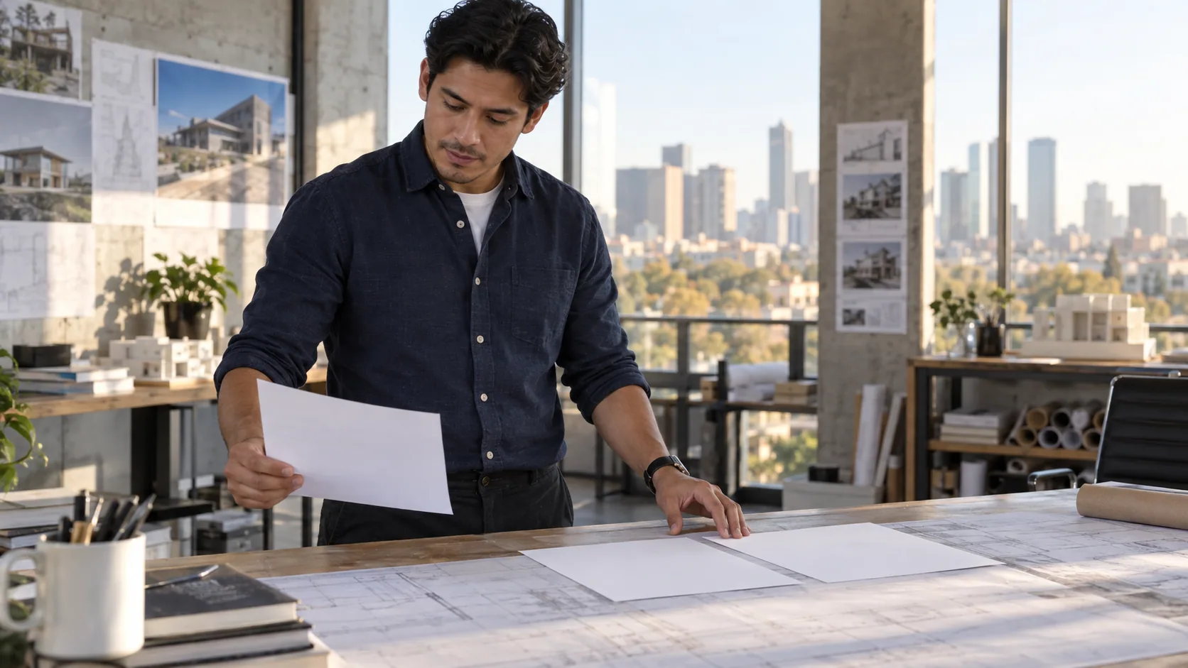 Young project engineer comparing one blank resume page with a two-page version at an architectural studio print table