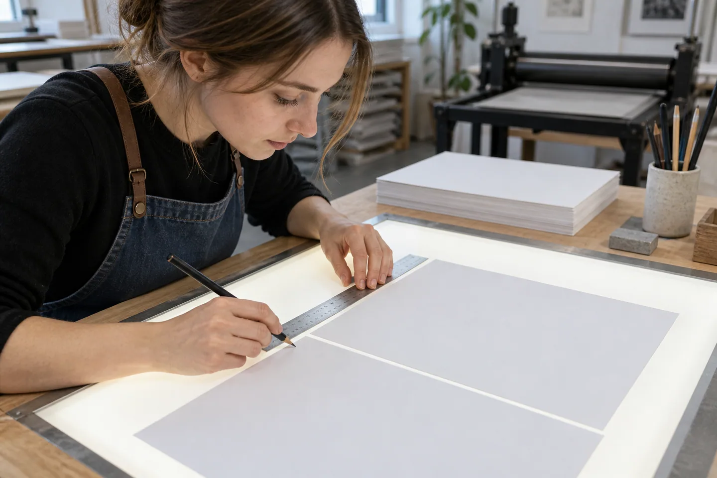 Young printmaker aligning the break between two blank resume pages with a ruler on a light table