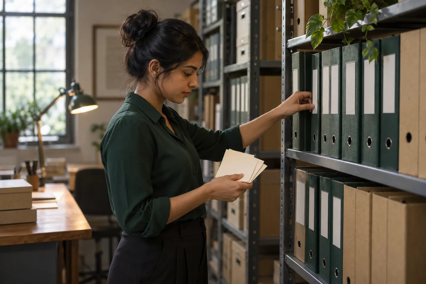 Young operations professional selecting a small set of blank evidence cards from project binders in a records room