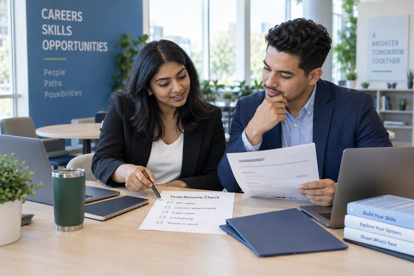 Two professionals completing a final resume attachment checklist at a career center