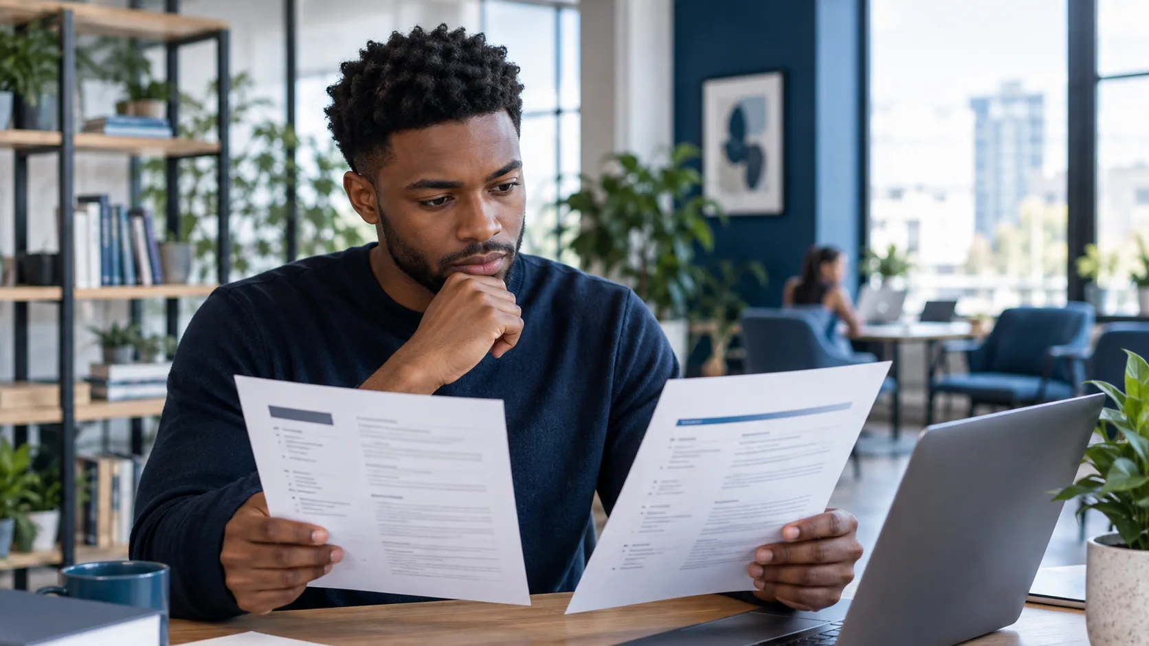 Young professional comparing two resume file versions at a bright coworking desk