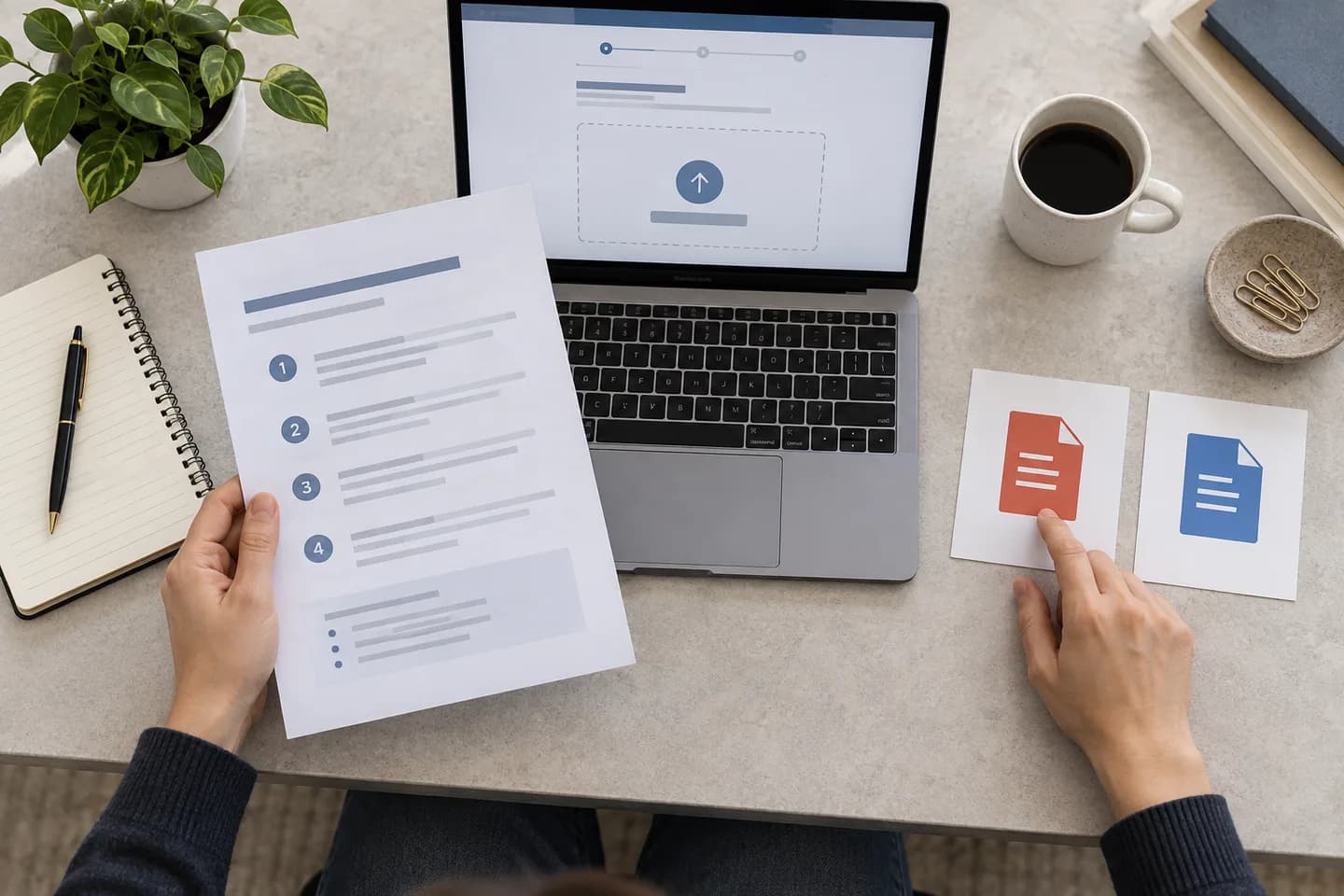 Hands checking application instructions before choosing between two document formats