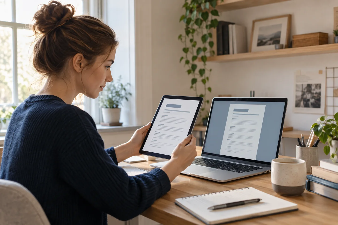 Young professional comparing a resume layout on a tablet and laptop