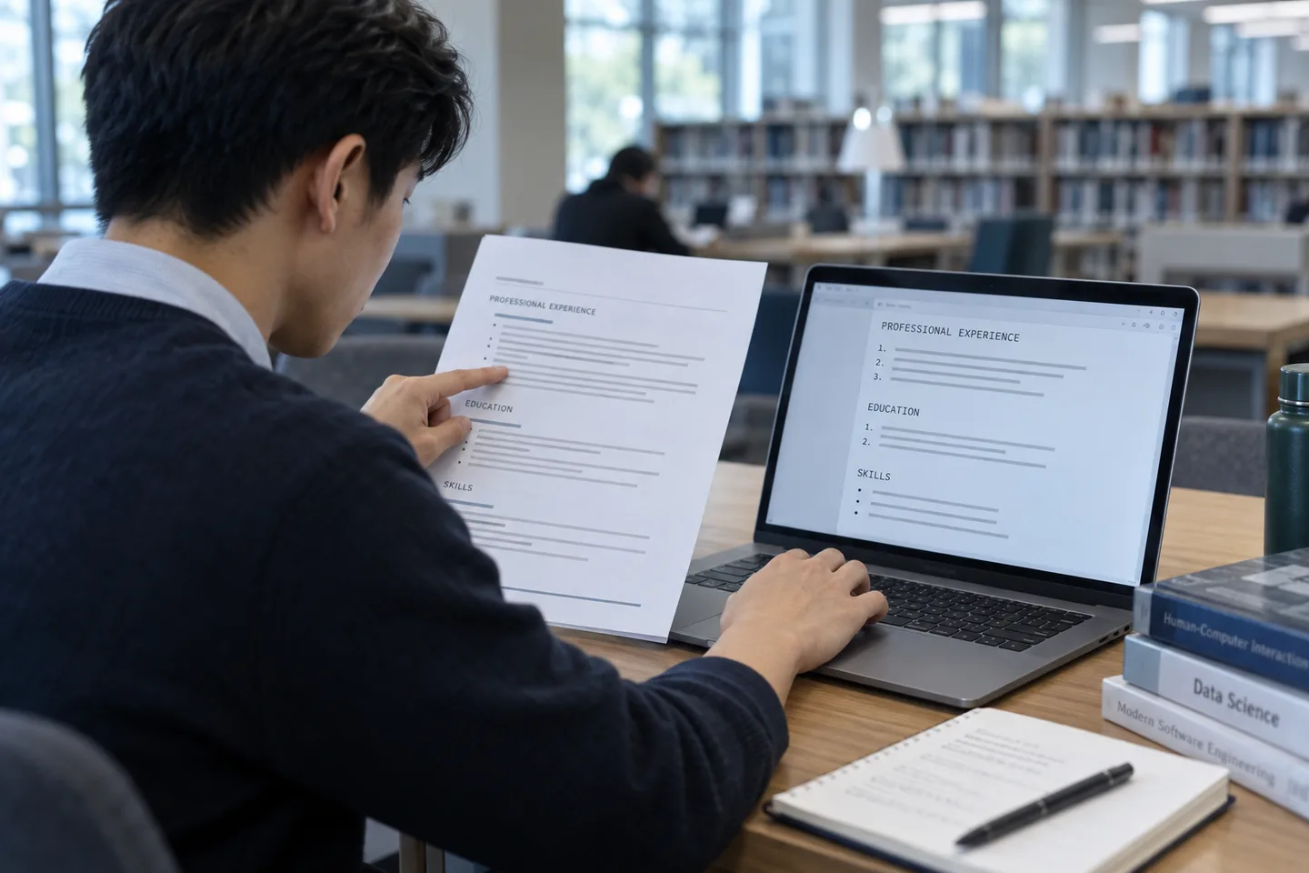 Young professional checking resume text extraction and reading order in a library