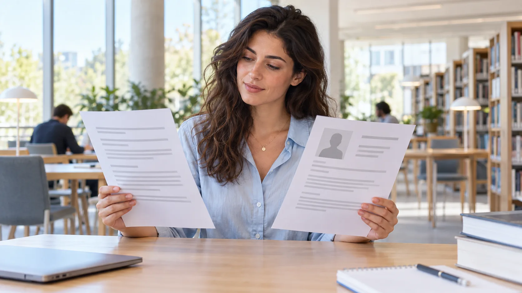 Young professional comparing a resume with a portrait area and a resume without one in a bright library
